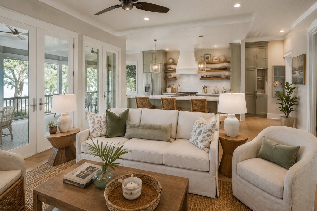 coastal beach house living room and kitchen space